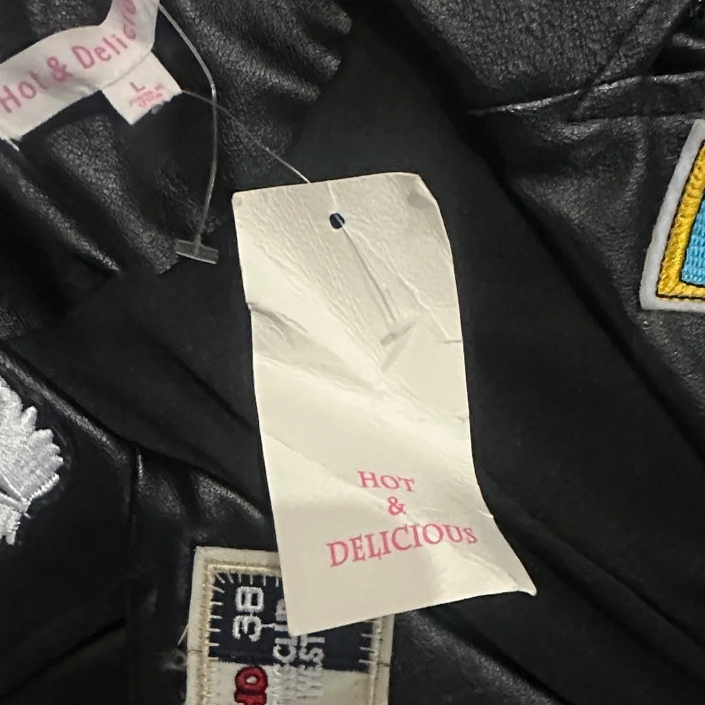 Hot & Delicious Black Leather Jacket with Vibrant Patches - Picture 2 of 2